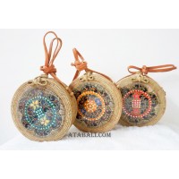 3color circle sling bags rattan with wooden hand carved handmade